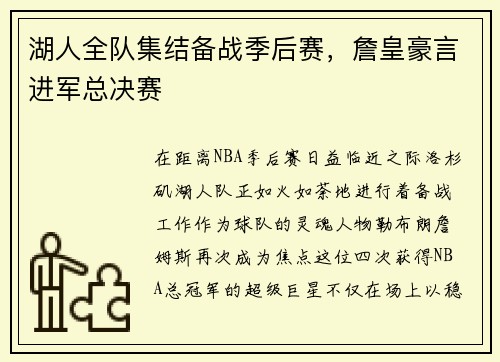 湖人全队集结备战季后赛，詹皇豪言进军总决赛