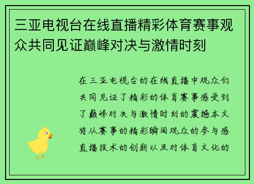 三亚电视台在线直播精彩体育赛事观众共同见证巅峰对决与激情时刻